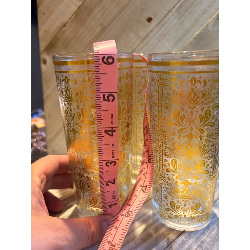 Vintage Gold Damask Floral Glass Tumbler Clear Gold Rim Boho Barware set of 6